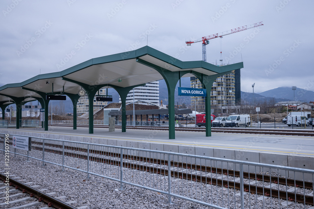 Platform of train station in Nova Gorica, as part of renovations of European Culture capital of 2025. view of the second platform in front of the station
