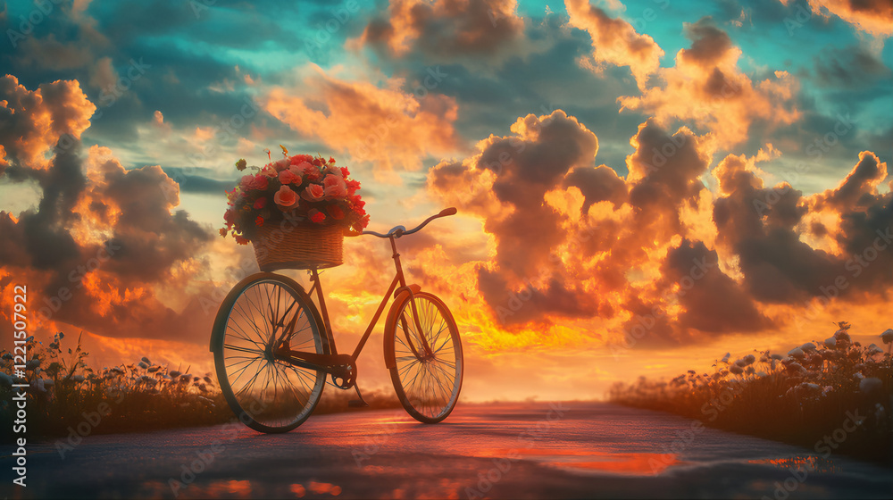 Naklejka premium Vintage bicycle in sunset with a basket full of bouquet flowers parked on the road. Bicycle in the field with bouquet of flowers