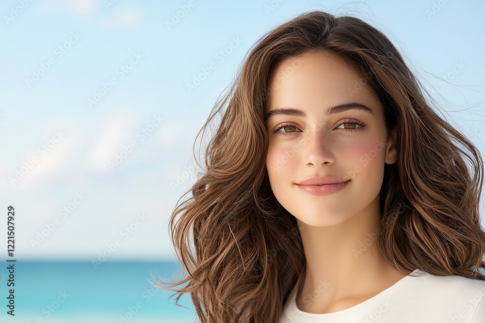 A young woman smiling by the beach, radiating joy and tranquility. Her long, wavy hair flows in the gentle breeze, creating a serene atmosphere, perfect for summer vibes. A young woman smiling by the beach, radiating joy and tranquility. Her long, wavy hair flows in the gentle breeze, creating a serene atmosphere, perfect for summer vibes.