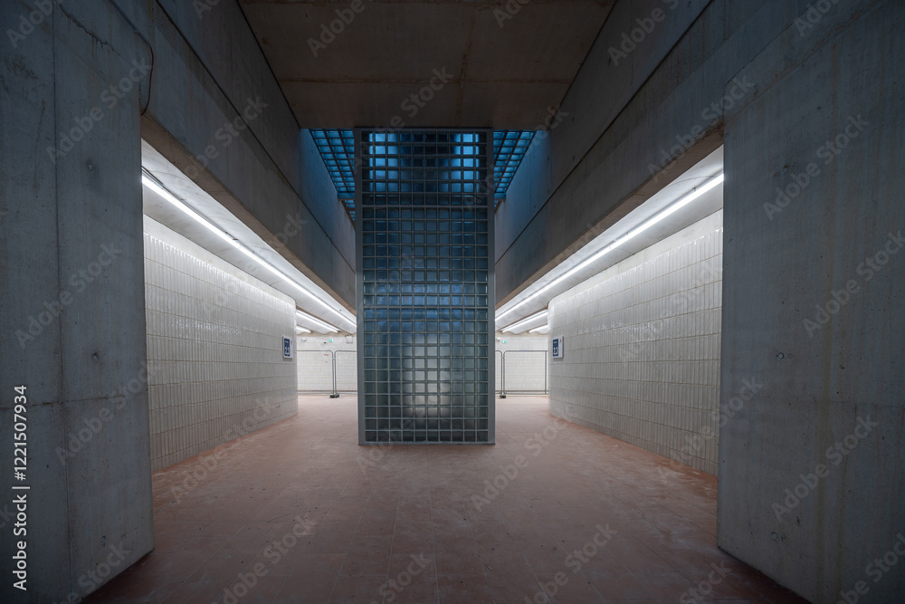 Underpass of train station in Nova Gorica, as part of renovations of European Culture capital of 2025. view of the stairs from second platform in front of the station..
