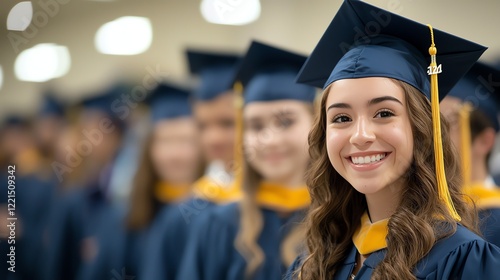 A joyful graduate smiles brightly during a commencement ceremony, showcasing pride and accomplishment among fellow graduates in caps and gowns, symbolizing success and new beginnin photo