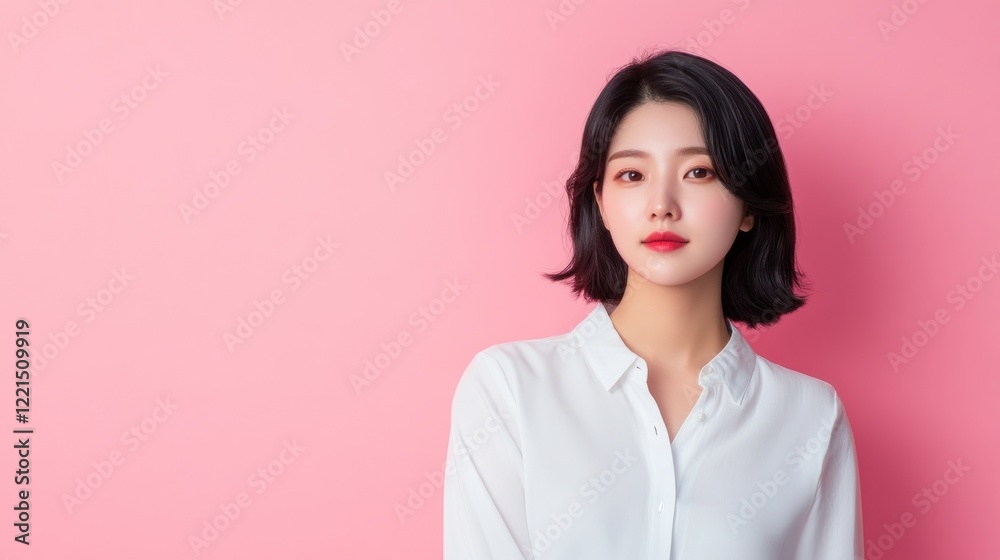 A Korean woman showcases her flawless skin while promoting skincare cosmetics. She poses confidently against a soft pink backdrop emphasizing a clean and fresh look that highlights skincare beauty A Korean woman showcases her flawless skin while promoting skincare cosmetics. She poses confidently against a soft pink backdrop emphasizing a clean and fresh look that highlights skincare beauty
