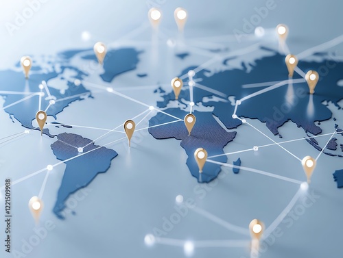 This image showcases a detailed world map with interconnected pins, representing global connections, networking, and modern technology for communication.