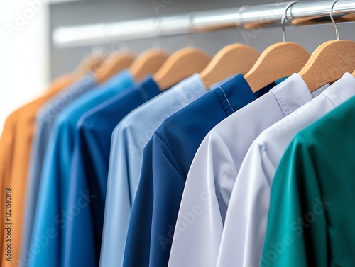 A collection of colorful shirts hanging neatly on wooden hangers. Each shirt showcases different shades and styles, perfect for fashion enthusiasts and style inspirations. photo