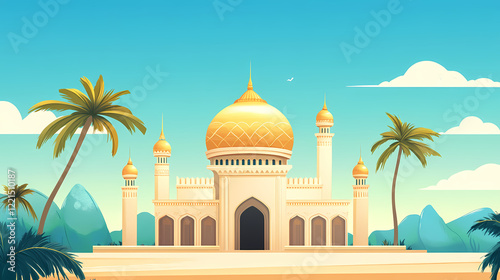 Illustration of a temple with a golden dome and a palm tree. Gilded Temple. Illustration photo