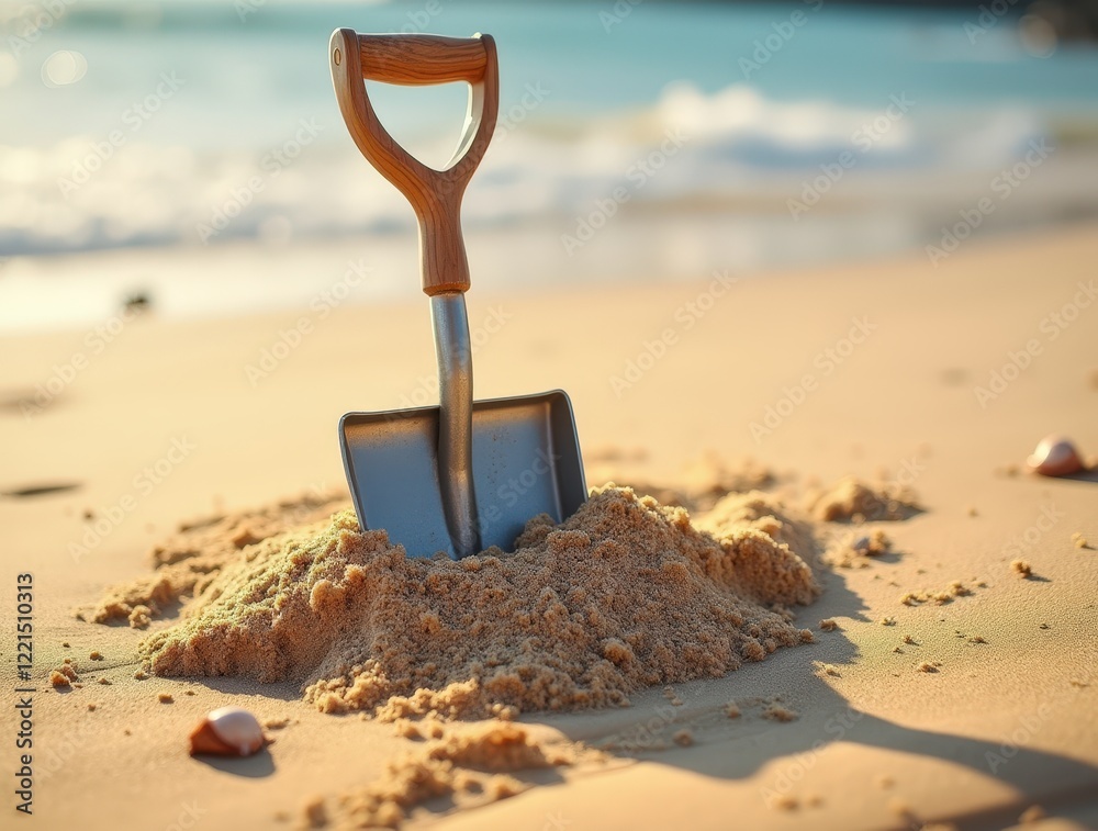 Sturdy metal shovel embedded in warm sandy beach near calm ocean waves Sturdy metal shovel embedded in warm sandy beach near calm ocean waves
