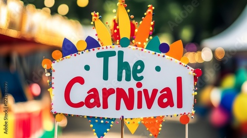 Carnival entrance sign glowing brightly, featuring vivid colors and sparkling lights, capturing festive excitement with blurred amusement park background