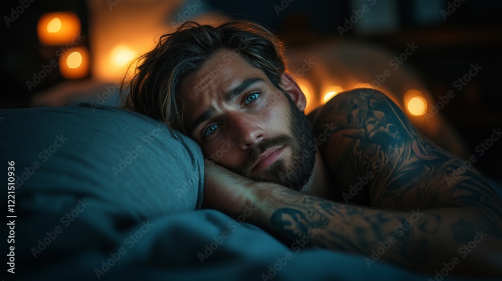Man experiencing sleeplessness in bed with nighttime ambiance and candlelight for lifestyle themes Man experiencing sleeplessness in bed with nighttime ambiance and candlelight for lifestyle themes