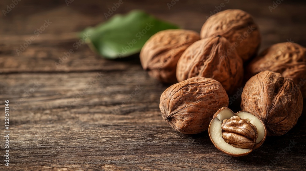 Walnuts and Nutshells on Rustic Wooden Surface Walnuts and Nutshells on Rustic Wooden Surface