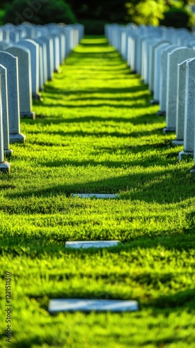 rows of white gravestones surrounded by vibrant green grass, detailed and natural composition, sharp textures, serene and commemorative atmosphere, peaceful lighting photo