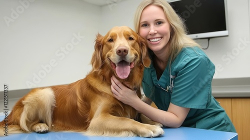 Professional veterinarian carefully petting golden retriever during medical checkup, conveying compassionate connection in clean, contemporary animal healthcare setting