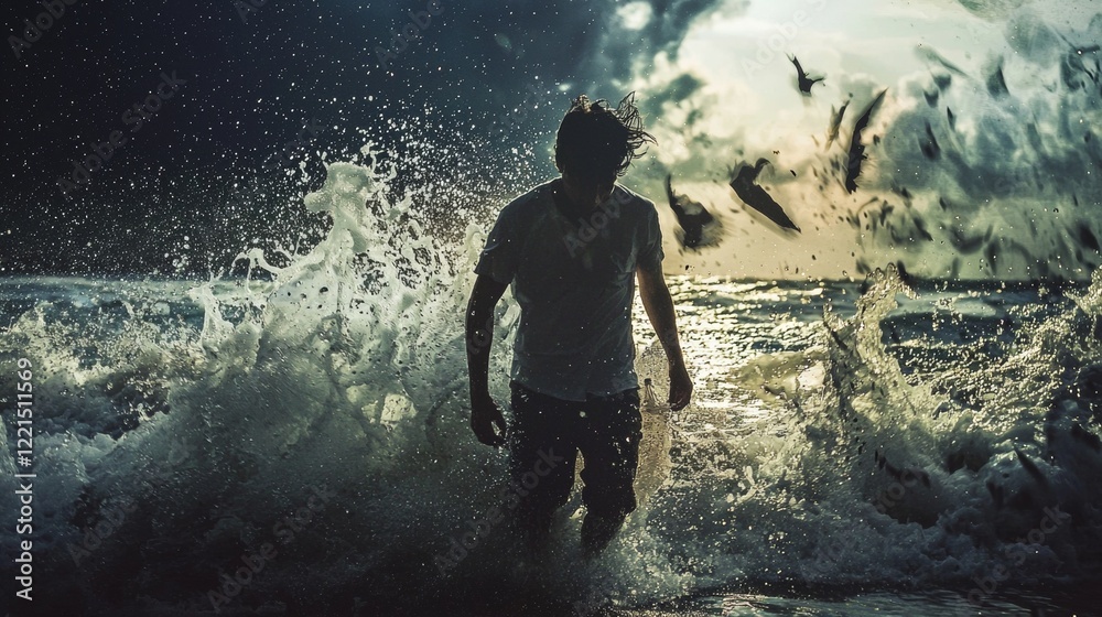 Fototapeta premium Man Walking into Ocean Waves at Sunrise