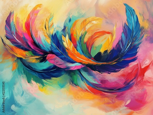 A dynamic abstract painting showcases bold, swirling feathers in a myriad of vibrant colors, creating a sense of movement and energy through vivid brushwork.