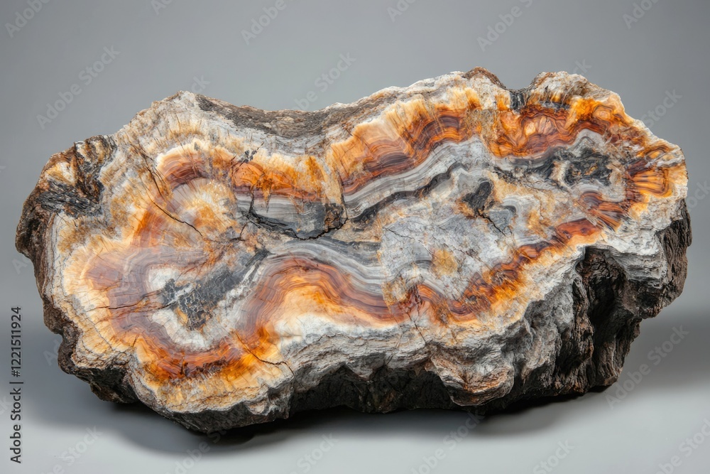 Petrified wood slab showcasing vibrant orange, gray, and black banding patterns, a stunning example of fossilized wood. Petrified wood slab showcasing vibrant orange, gray, and black banding patterns, a stunning example of fossilized wood.