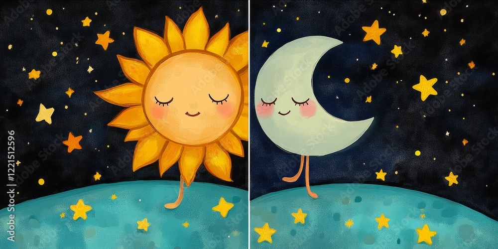Playful celestial characters strolling across miniature planets, smiling sun and crescent moon wandering beneath sparkling night sky, conveying imaginative cosmic journey