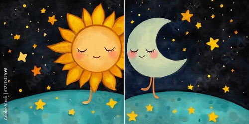 Obraz na płótnie Playful celestial characters strolling across miniature planets, smiling sun and crescent moon wandering beneath sparkling night sky, conveying imaginative cosmic journey w salonie