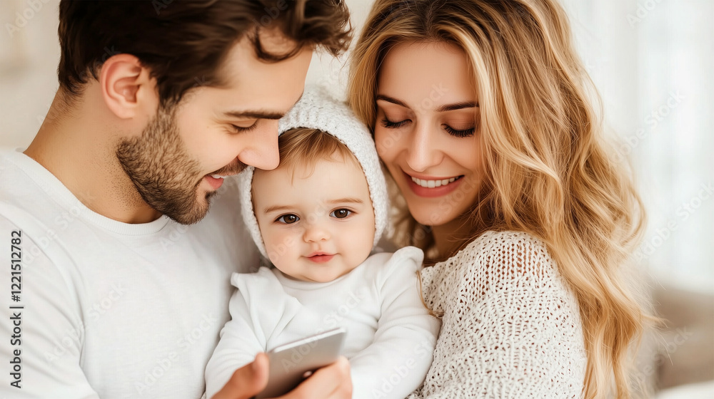 Young Couple with Child Dressed in White in a Cozy Room, Using Smartphone, Highlighting Sharenting Problem, Modern Parenting, Creating and Sharing Moments on Social Media. Young Couple with Child Dressed in White in a Cozy Room, Using Smartphone, Highlighting Sharenting Problem, Modern Parenting, Creating and Sharing Moments on Social Media.