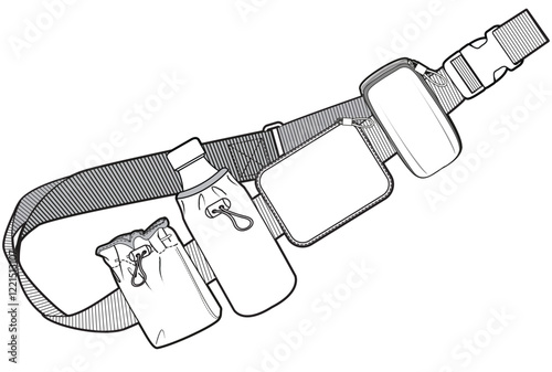 bum bag with water bottle holder flat sketch vector illustration multi-purpose bag cad drawing template	
