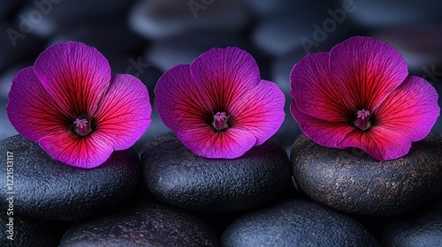 Serene Purple Blooms on Dark Stones: A Peaceful Still Life