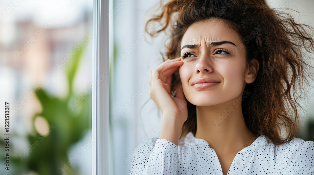 Stressed and Frustrated Woman, Brunette in Pain Sitting on Couch at Home, Frowning and Holding Her Head, Suffering from Headache, Migraine, Stress, Grief, Sadness or Emotional Tension. Stressed and Frustrated Woman, Brunette in Pain Sitting on Couch at Home, Frowning and Holding Her Head, Suffering from Headache, Migraine, Stress, Grief, Sadness or Emotional Tension.