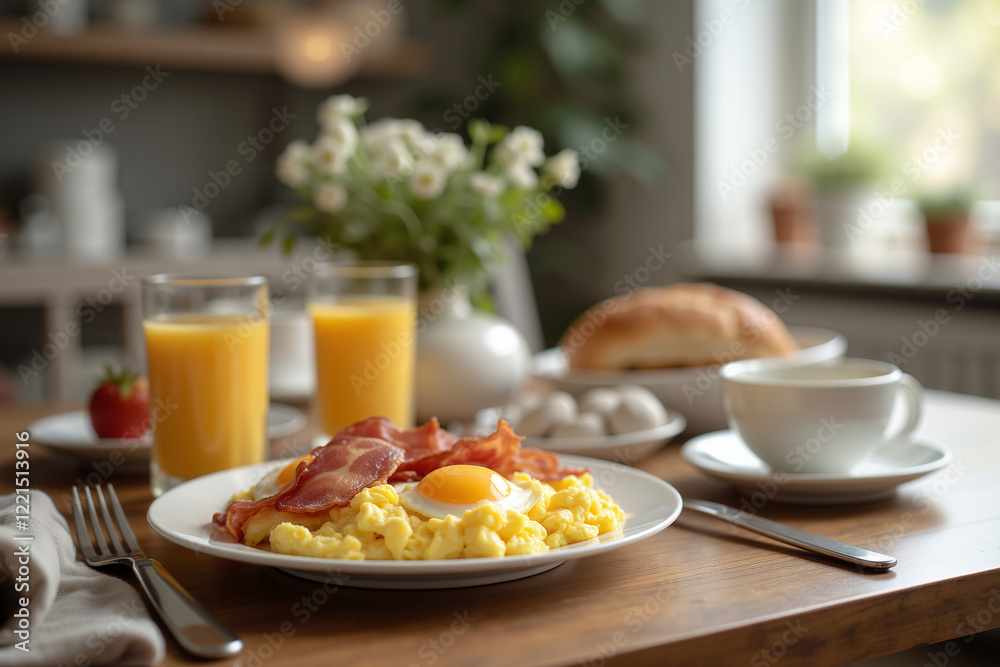Breakfast table with scrambled eggs, bacon, and toast in morning light Breakfast table with scrambled eggs, bacon, and toast in morning light