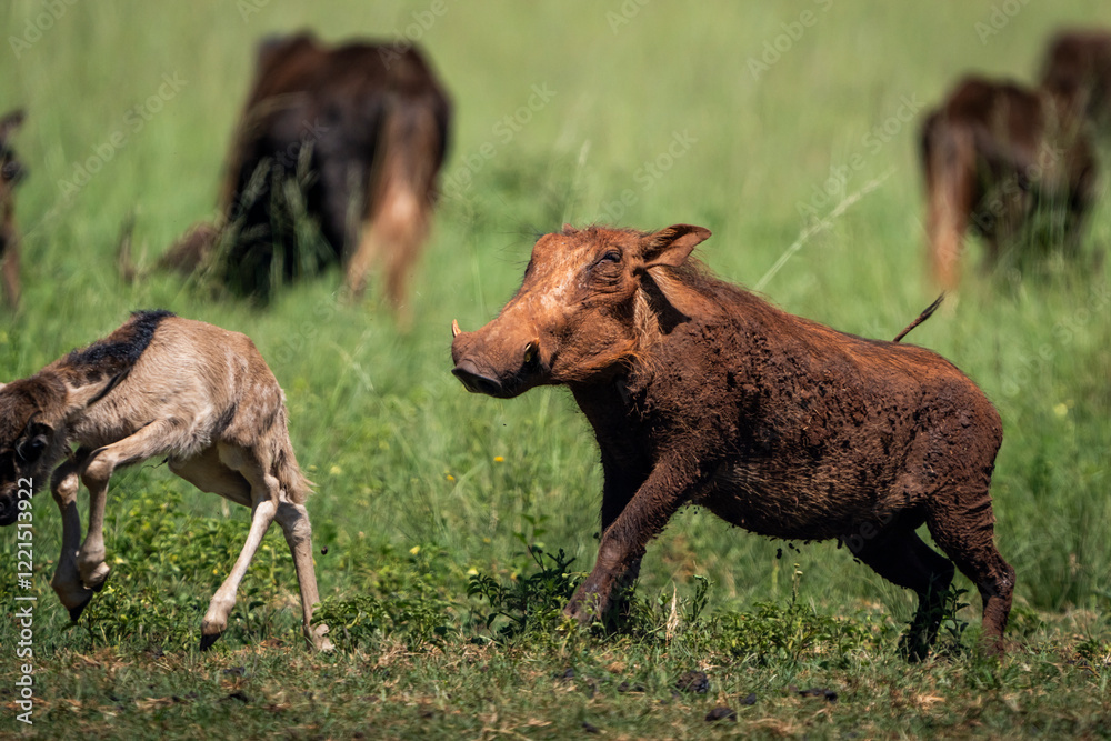 A striking wildlife photograph capturing a territorial display of aggression as a warthog forcefully asserts dominance over a very small baby wildebeest lying in the grass. A striking wildlife photograph capturing a territorial display of aggression as a warthog forcefully asserts dominance over a very small baby wildebeest lying in the grass.