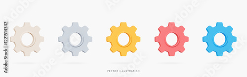 3D Cogwheel gear icon set in different colors. Engineering technical support. System update. Setup and optimization. Setting symbols. Cartoon design element isolated on white. 3D Vector illustration