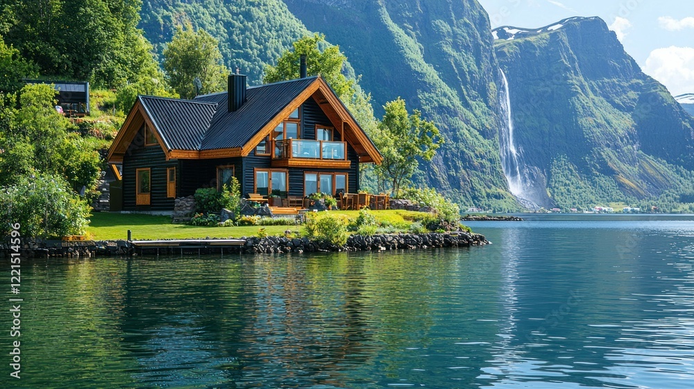Fototapeta premium Spectacular Lakeside Cabin nestled in Norwegian Fjord