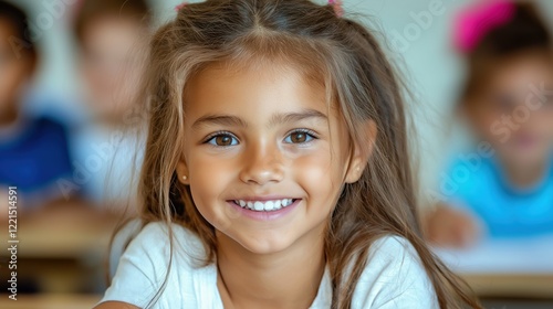Wallpaper Mural A cheerful girl around ten years old smiles at the camera in a simple classroom. Soft lighting highlights her happiness with classmates softly blurred in the background Torontodigital.ca