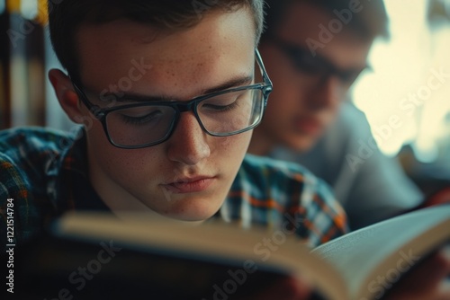 A person engrossed in a book as another individual observes