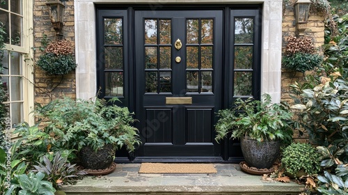Elegant Home Entrance with Lush Greenery and Black Door