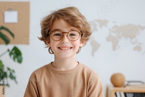 A happy boy around seven years old smiles warmly at the camera in a minimalistic classroom. The background features soft colors and decorative elements suitable for various uses photo