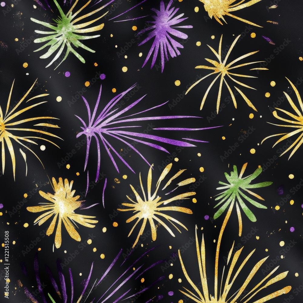 Naklejka premium Mardi Gras theme with A black and gold and purple and green firework pattern. The firework pattern is made up of many small firework shapes