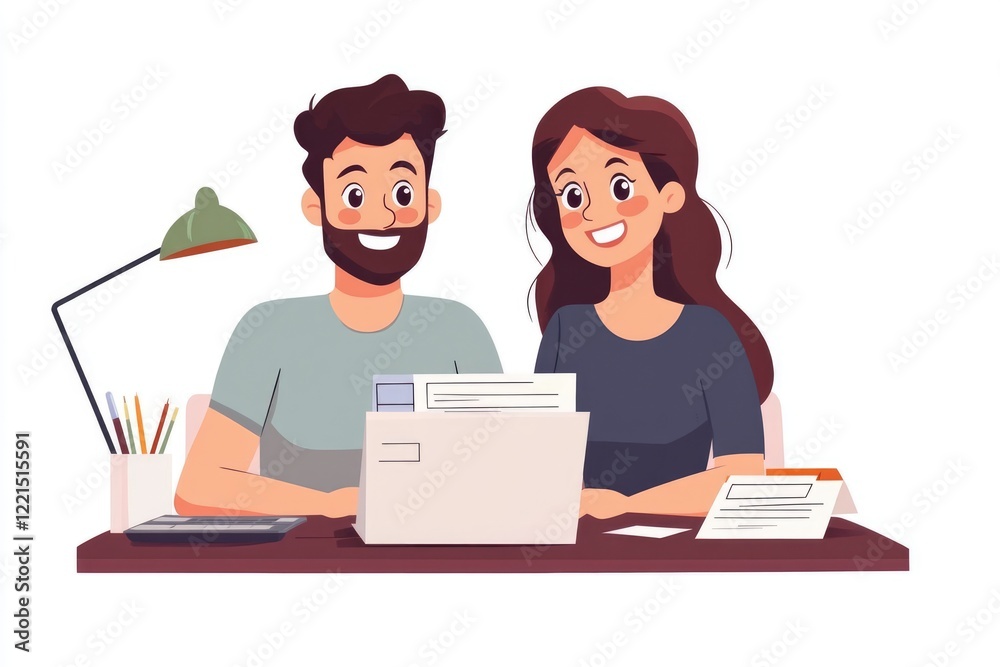 Obraz premium Content Couple Reviewing Finances Together Online for Budget Planning and Bill Management