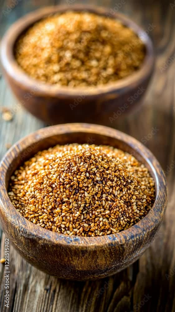 Toasted sesame seeds in rustic wooden bowls on a weathered table Toasted sesame seeds in rustic wooden bowls on a weathered table