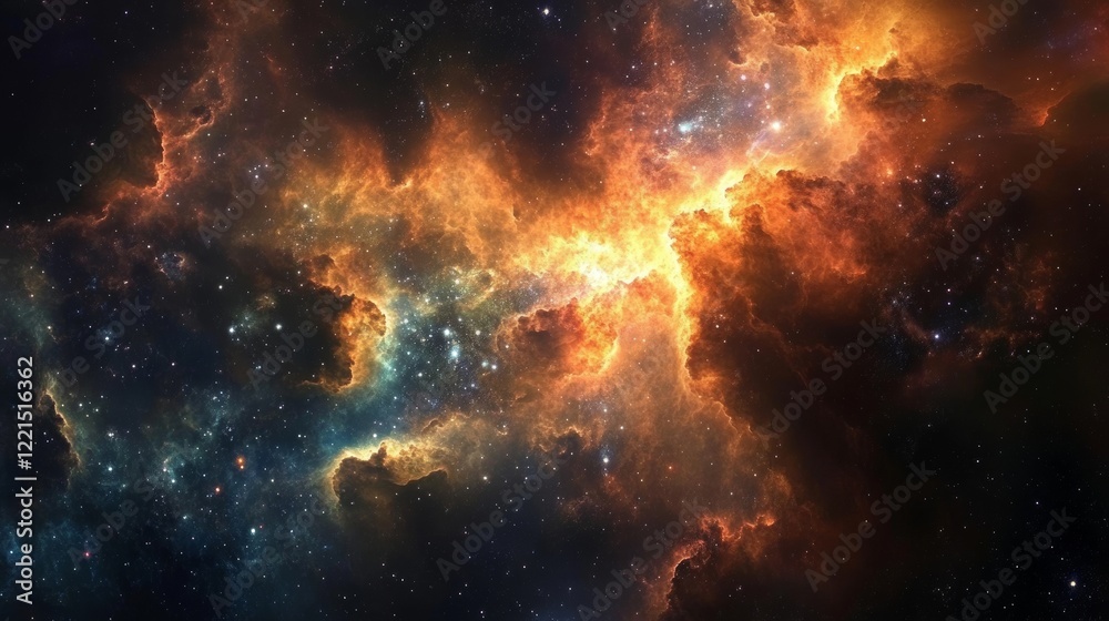 A magnificent cosmic nebula captivates with its bright, fiery hues and swirling clouds, creating an expansive celestial landscape filled with glowing stars. A magnificent cosmic nebula captivates with its bright, fiery hues and swirling clouds, creating an expansive celestial landscape filled with glowing stars.