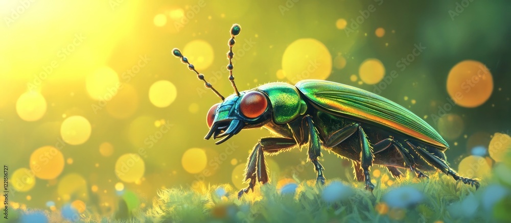 Fototapeta premium Closeup of a shiny iridescent green metallic beetle crawling on a leaf in a sunlit garden The intricate details and vibrant colors of the insect s body and wings create a captivating natural scene