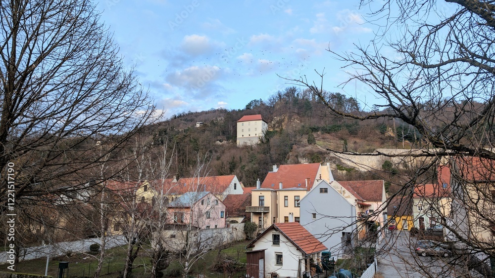 beautiful winter scenery, Stari grad on the hill at Krapina town, Croatia, Hrvatsko zagorje