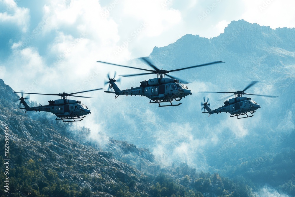 Aerial View of Three Military Helicopters Patrolling Majestic Mountain Peaks Aerial View of Three Military Helicopters Patrolling Majestic Mountain Peaks