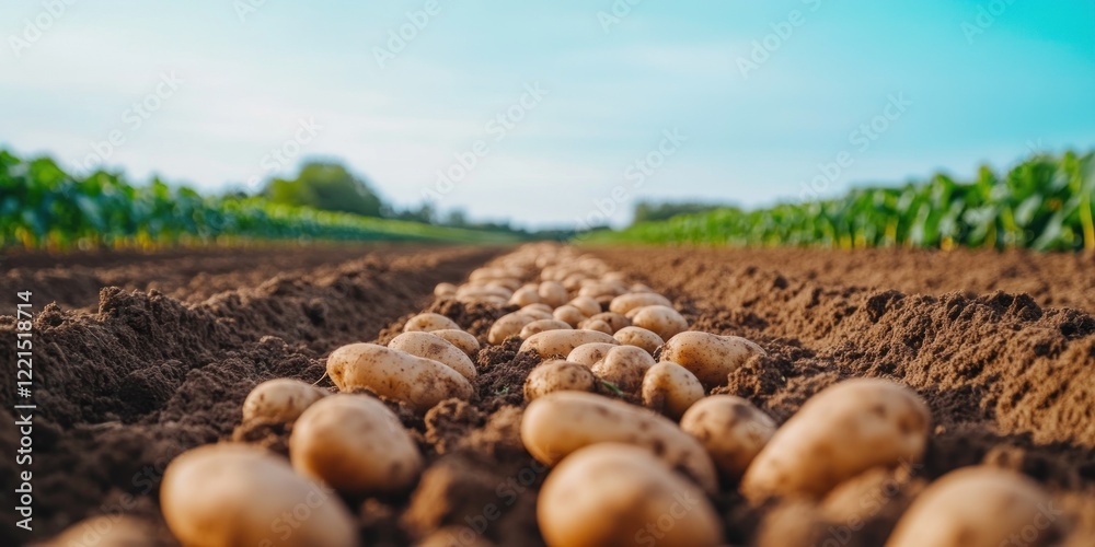 Fototapeta premium Close-up view of freshly dug potatoes scattered on earthy ground showcasing vibrant agricultural rows in the distance. A natural feel emphasizes local produce and sustainable farming practices