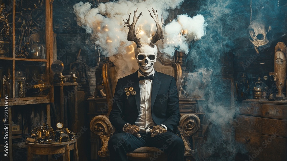 Fantasy portrait of man with antler mask in moody lighting Fantasy portrait of man with antler mask in moody lighting