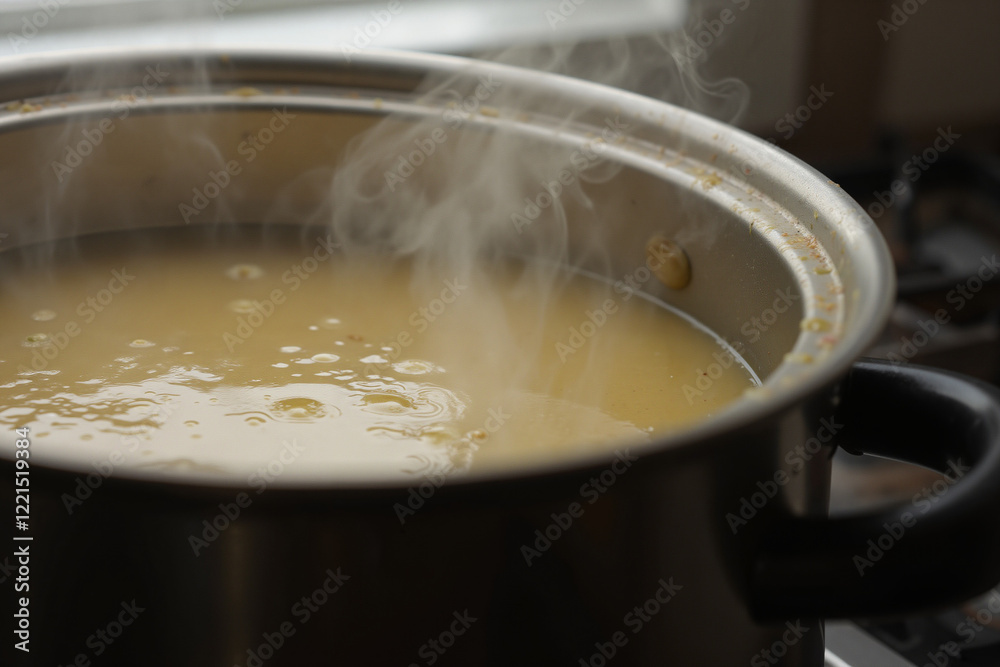 Simmering soup on stovetop with rising steam Simmering soup on stovetop with rising steam
