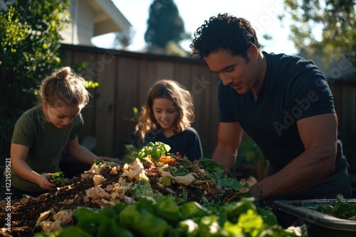A father and his two children work together in a garden, cultivating plants and enjoying quality time