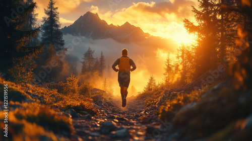 A determined man running through rugged mountain trails at dawn pushing his limits in a pristine natural environment as golden sunlight filters through the trees