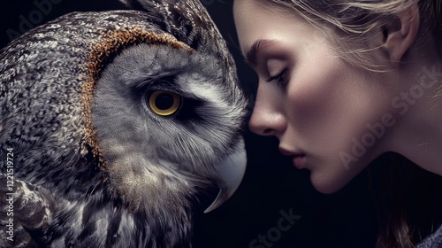 Close-up of barn owl facing a woman with soft golden light photo