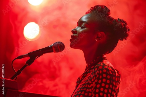Young African American Woman Shining on Stage: Standing Out on a Red Podium photo