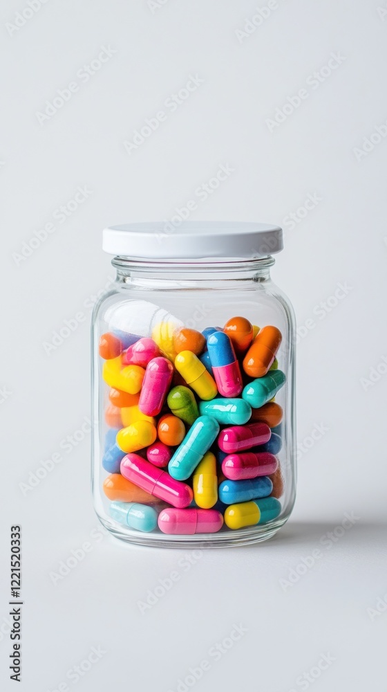 A clear glass jar showcases a delightful array of vibrant multicolored dietary supplements. Placed on a plain white background it offers a clean and modern aesthetic with space for text A clear glass jar showcases a delightful array of vibrant multicolored dietary supplements. Placed on a plain white background it offers a clean and modern aesthetic with space for text