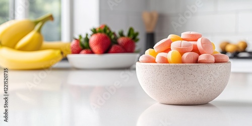 A rustic ceramic bowl sits on a light kitchen countertop filled with colorful fruit-shaped multivitamin gummies while fresh strawberries and bananas create a vibrant background