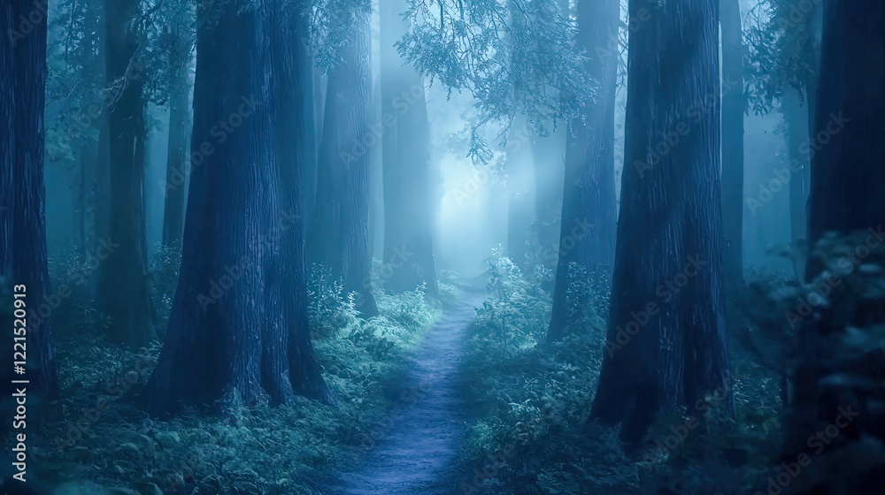 Naklejka premium A foggy forest pathway, surrounded by tall, ancient trees and a narrow, winding trail. The atmosphere is mysterious and calming, with soft sunlight filtering through the mist.