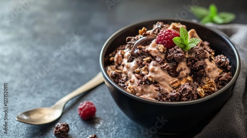 Healthy breakfast bowl with granola, fruits, and fresh mint photo